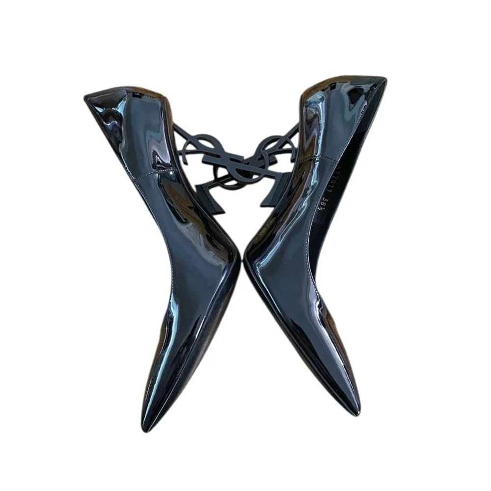 Saint Laurent Women's Black Nero Black Point Toe Vernice‎ Lucido Heels Size 38.5